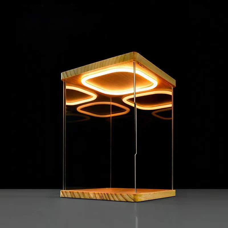 

Transparent Acrylic Display Cabinet with Ring LED Light and Revolving Door for Collectibles, Wooden Action Figure Storage Box