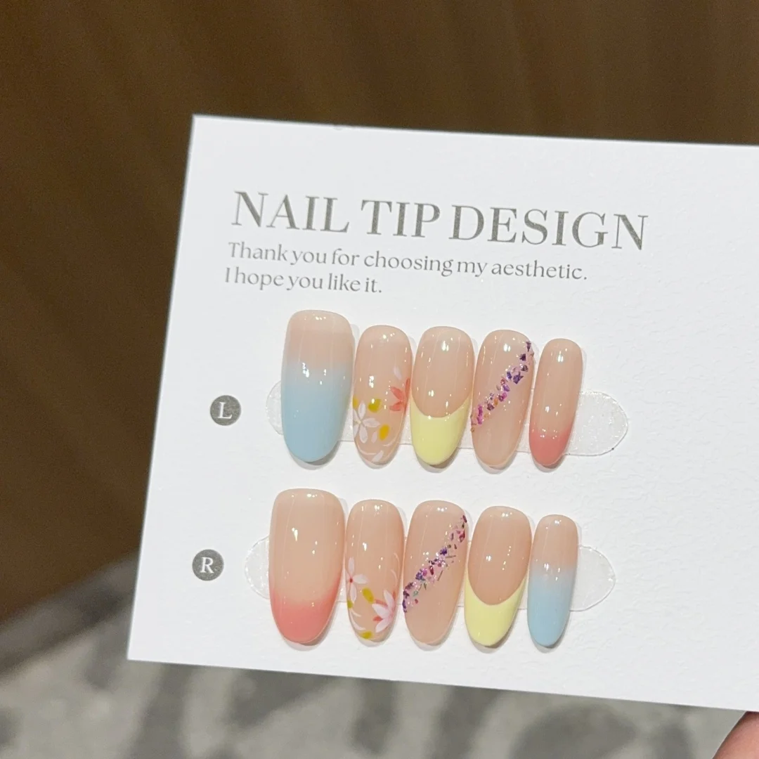 

Summer Nails Style Oval Handmade Press On Nails French Colorful False Nail Tips Shiny Sequins Flower Print Blue Pink Young Girls