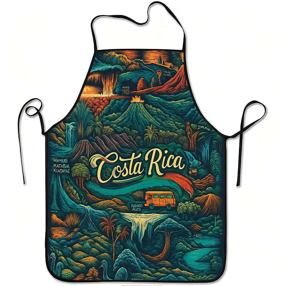 1pc 2D Costa Rica Themed Kitchen Apron, Arenal Volcano Jungle Pattern, Unisex Washable Apron with Adjustable Ties for Baking