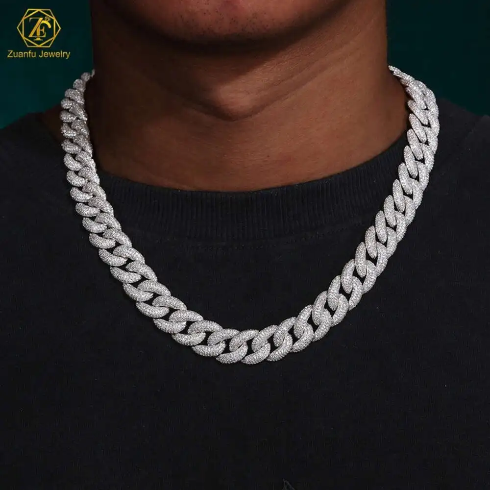 925 Silver Gra Moissanite 13mm 3 Rows Wide Diamond Iced Out 18inches Necklace Miami Cuban Link Chain for Hiphop Rapper Life