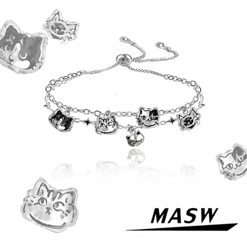 

MASW Original Design Cartoon Cat Metal Double Layer Bracelets For Women Gifts Temperament Fashion Jewelry Fine Accessories