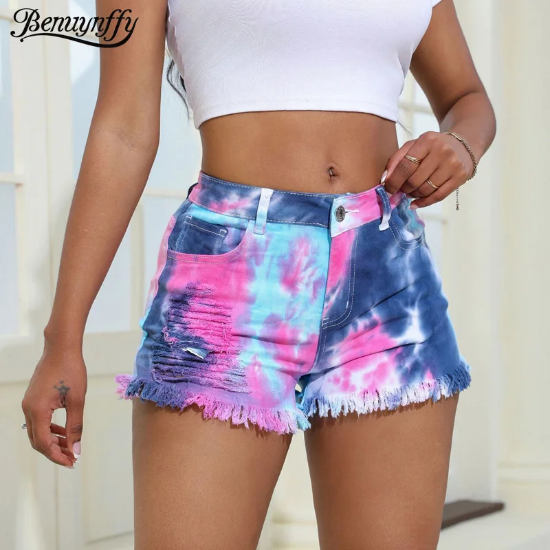 

Benuynffy Plus Size Fashion Tie-dye Ripped Jean Shorts Women's Summer 2025 Streetwear Mid Waisted Matching Raw Hem Denim Shorts