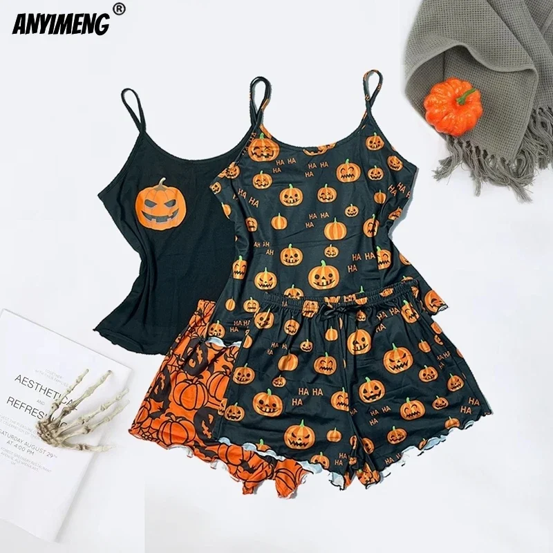 2PCS Set HOT Halloween Cute Prumpkin Party Nightie Spaghetti Strap Pajamas Women Tank Top Shorts Sexy Lingerie Sleeveless Pijama