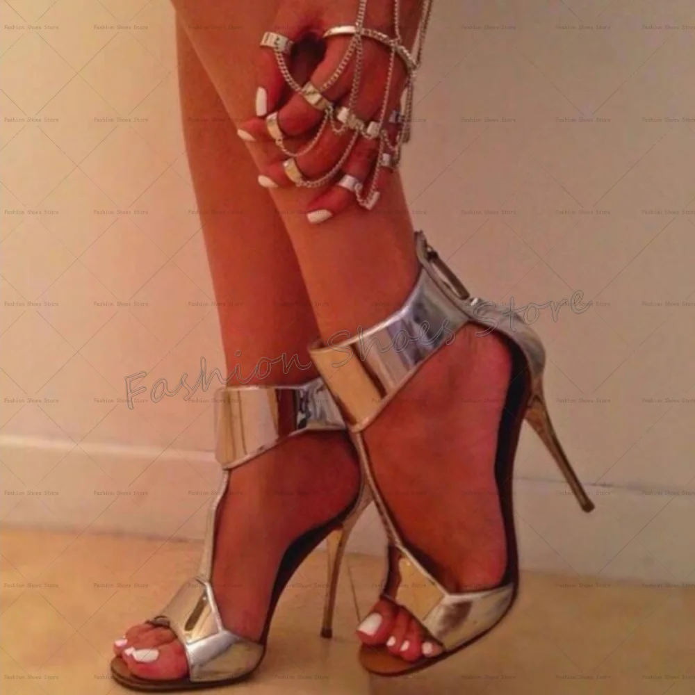 

Silver Back Zipper Patent leather Sandals Open Toe Women Shoes Thin High Heels Party Banquet Dating 2025 Zapatos Para Mujere