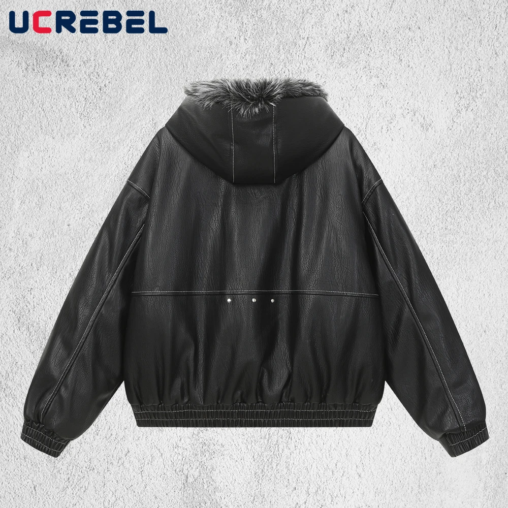 Rivets Spliced PU Leather Quilted Jacket Mens Winter Casual Long Sleeve Fur Collar Hooded Outerwear Man