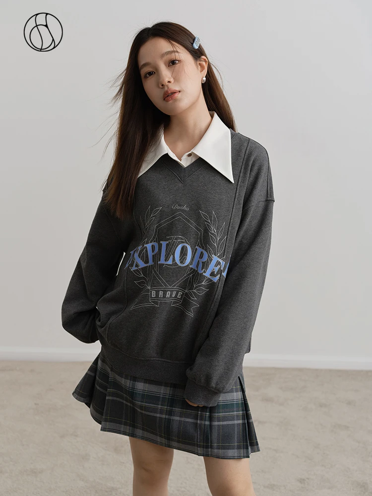 

DUSHU V-neck Printed Long-sleeve Sweatshirt for Women Dropped Shoulder Loose 100%Cotton Terry Sweatshirt Jacket Winter New Style