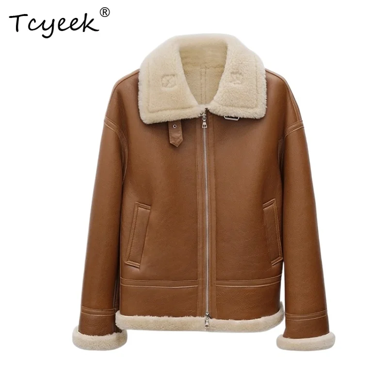 

Tcyeek Genuine Wool Autumn Winter High End Trendy Solid Color Casual Short Women's Wool Shearling Fur Coat Fourrures Femme