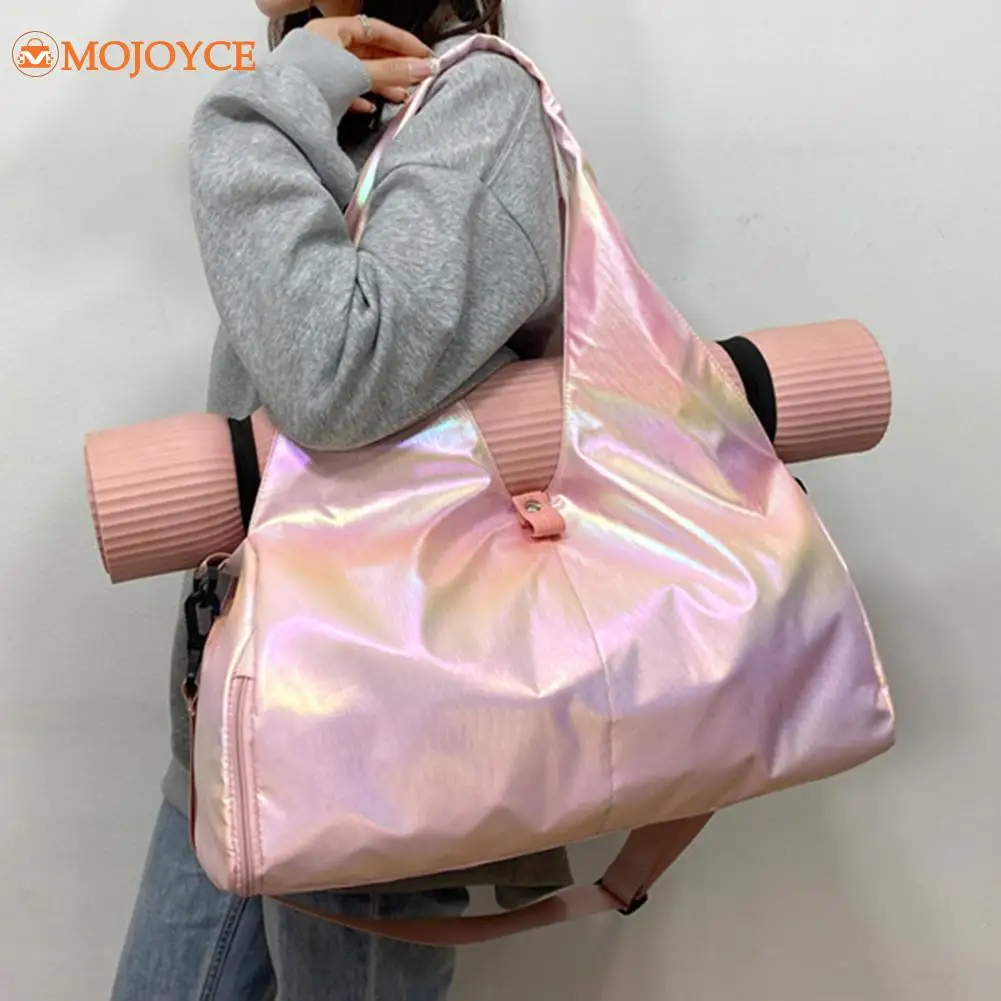 Women Fitness Shoulder Bag Large Capacity Pearlescent Shiny Hobo Bags Multipocket with Shoe Compartment Leisure Exercise Gym Bag