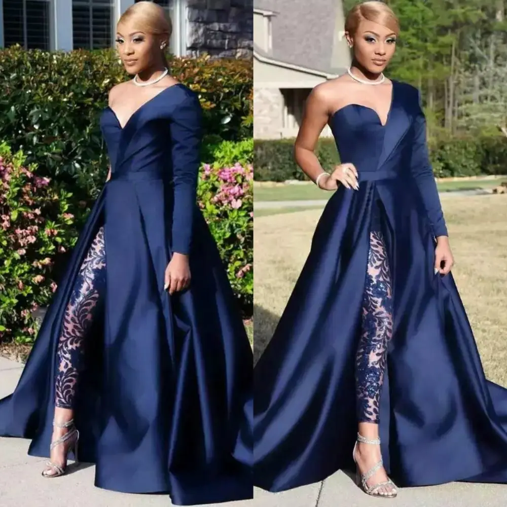 Modest Blue Jumpsuits Prom Dresses Detachable Skirt Two Pieces Evening Gowns One Shoulder Side Slit Pantsuit Celebrity Wear