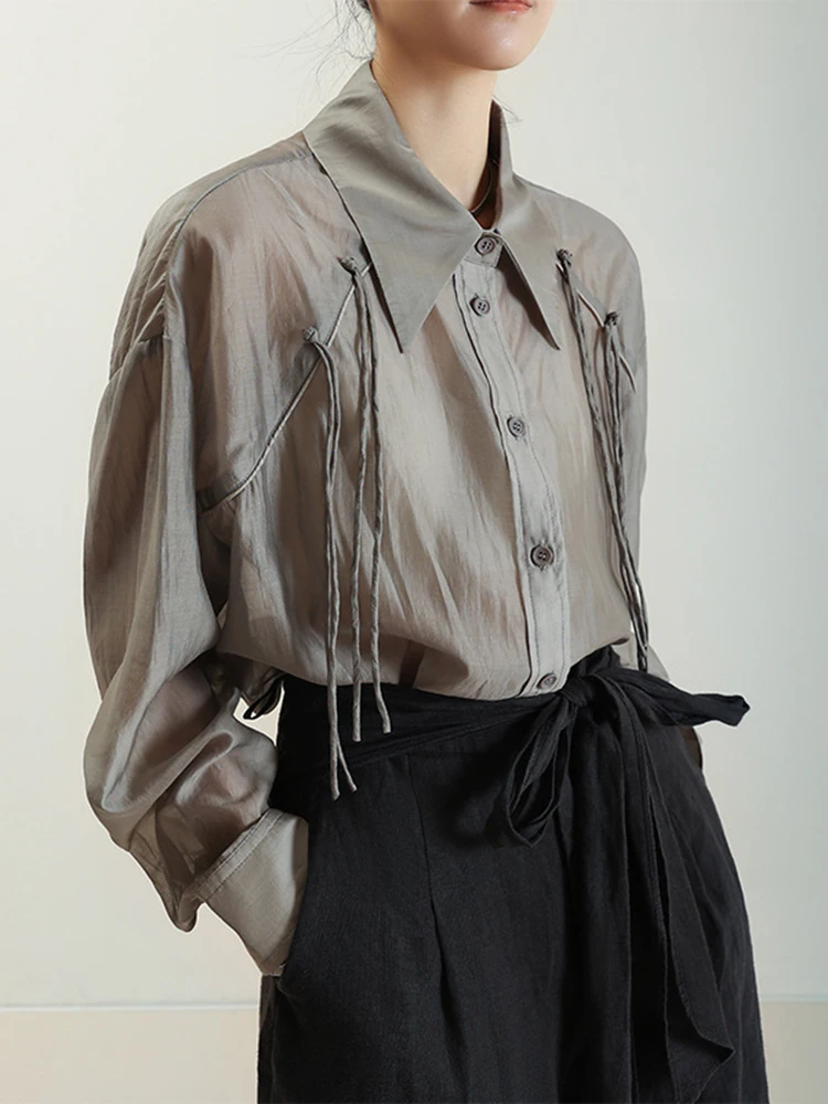 [LANMREM] Perspective Sunscreen Long Sleeve Shirts For Women Lapel Single Breasted Loose Blouses 2024 Summer New 26D9698