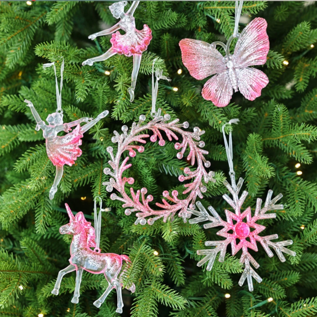 Crystal Clear Snowflake Christmas Tree Pendants Acrylic Elk Wreath Decorations For Holiday Party Transparent Hanging Ornament