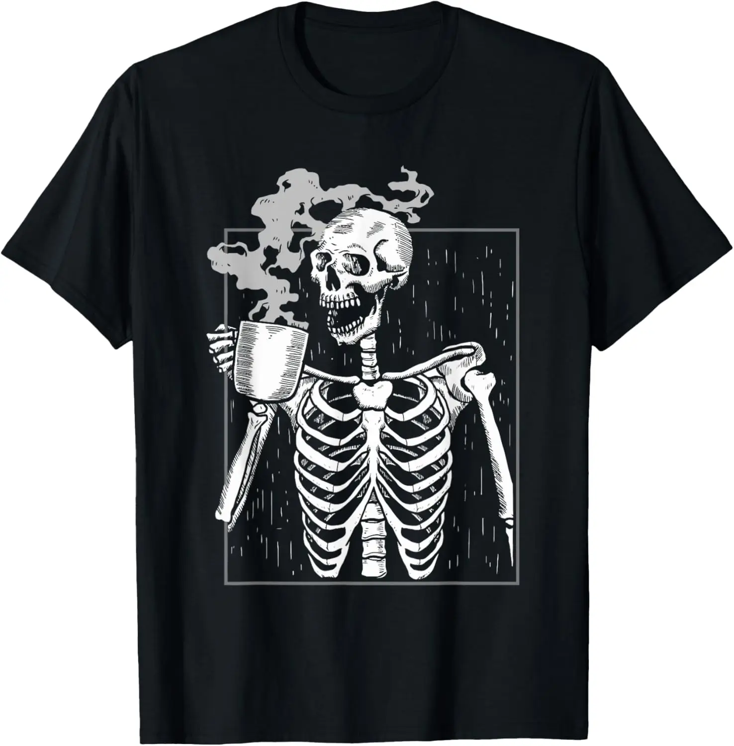 Esqueleto bebiendo café gráfico camiseta divertida amante de la cafeína Halloween diario algodón camiseta