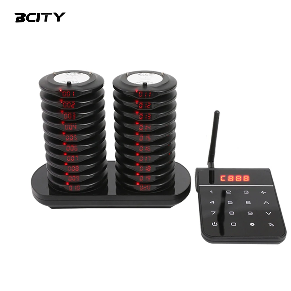 Wireless Restaurant Paging System 20 Pagers Dual Charging Base Buzzer Vibration Flash for Cafe Food Truck Clinic