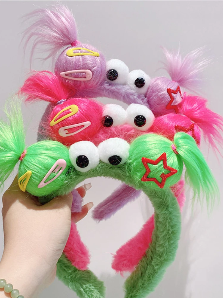 2024 New Funny Plush Ugly Doll HairBand Female Winter Cute Cartoon Face Wash Hairband Hair Hoop Korean Girl Hair Grotto Headband