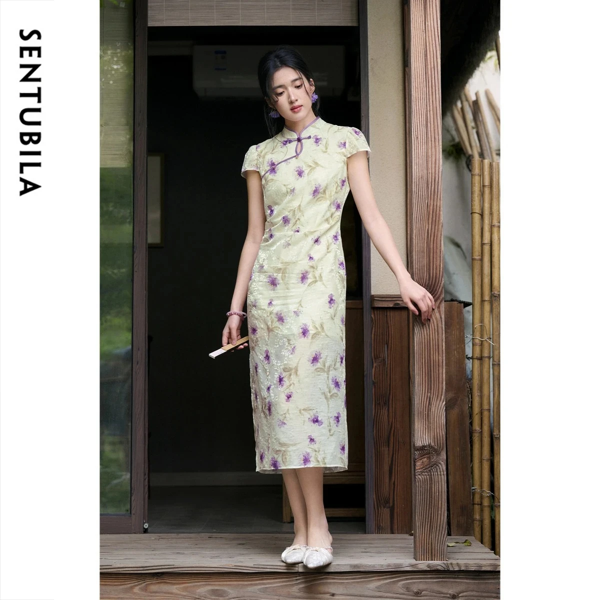 SENTUBILA Jacquard Chiffon Summer Dresses for Women Elegant Stand Collar Short Sleeve Print Slim Chinese Style Dress 162LV5719