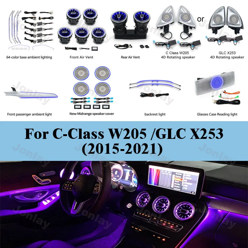For Benz C Class W205 GLC X253 Coupe Ambient Light 2015-2021 64 Colors RGB LED Air Vents Speaker Decorative Lamp Interior Kit