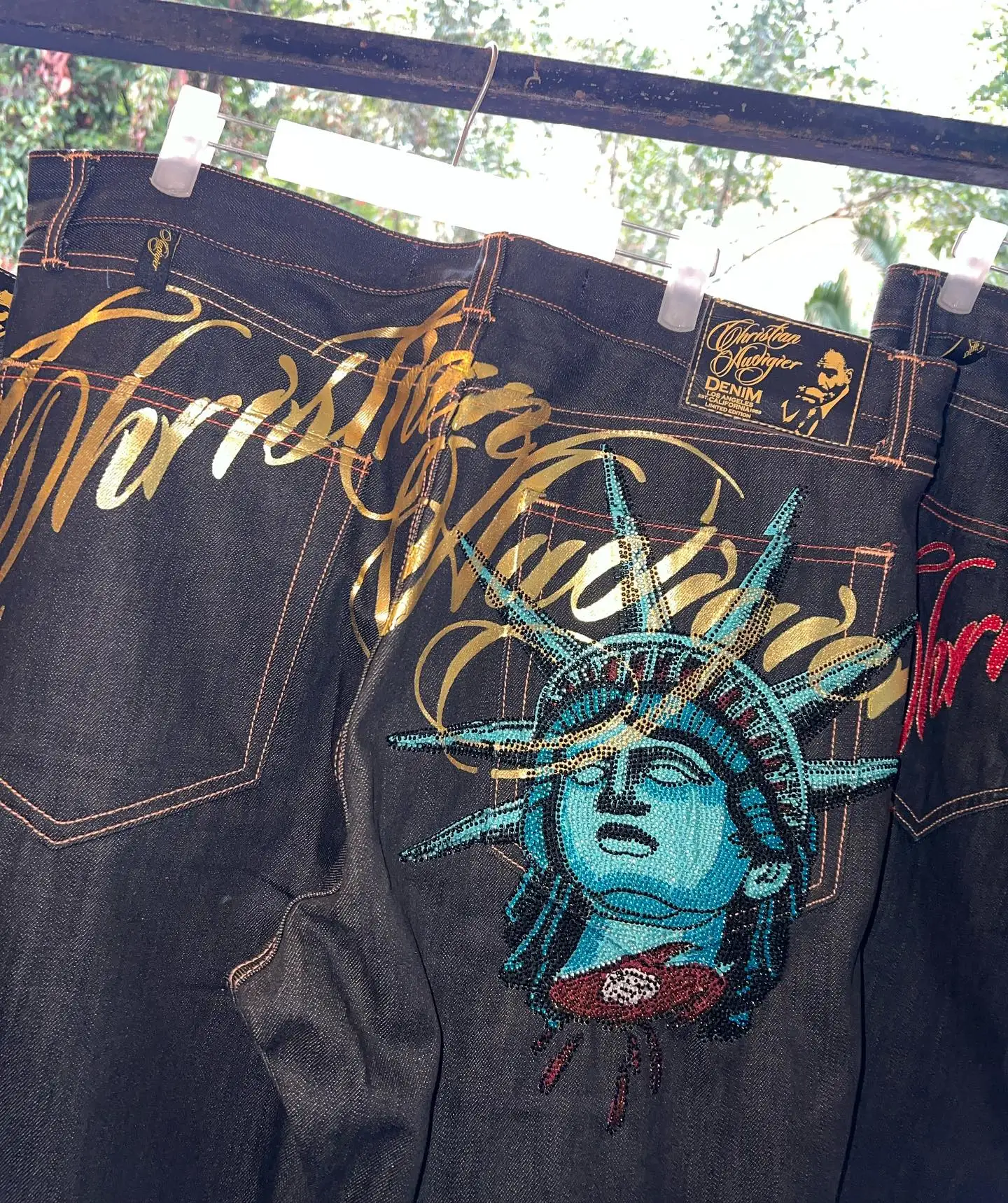Rare Statue Liberty Sequin Rhinestone Jeans Women Straight Jean Denim Baggy Wide Leg Pants Harajuku Y2k 2000s Women Clothing