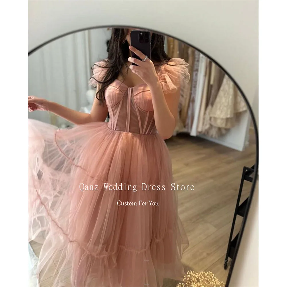 Qanz Dirty Pink Prom Dresses 2024 Graceful Princess Cap Sleeves Tea Length Party Dress Tulle A Line Evening Dresses for Women