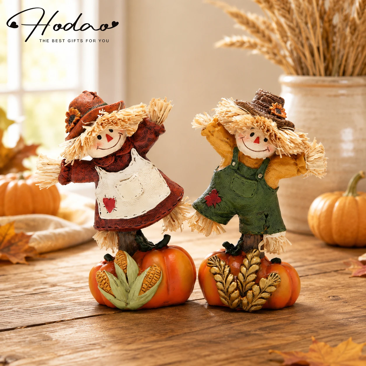 Hodao Set of 2 Fall Harvest Scarecrow Figurines, Resin Thanksgiving Pumpkin Decor, Hand-Painted Dancing Farmer Couple Statue with Cute Sunflower Accents, Fall Collectible Ornament, Seasonal Holiday Gift for Indoor, Patio, and Yard Home Display 1