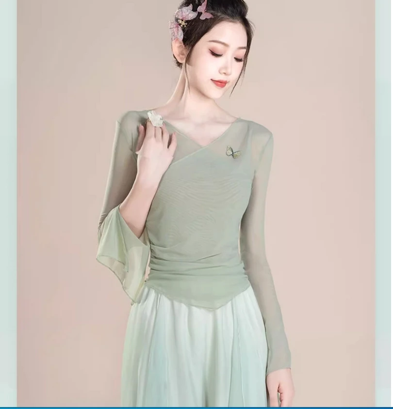 

Одежда для девочек, одежда из рифма-пряжи, одежда для китайских танцев, летняя одежда для современных танцев, верхняя женская одежда