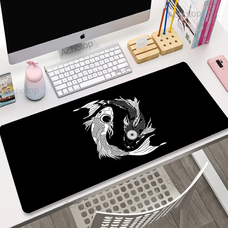 

Japanese Desk Mat Black And White Mousepad Gamer Koi Fish Large XXL Mouse Pad Gaming Desk Pads Yin Yang Art Mause Mats 900x400