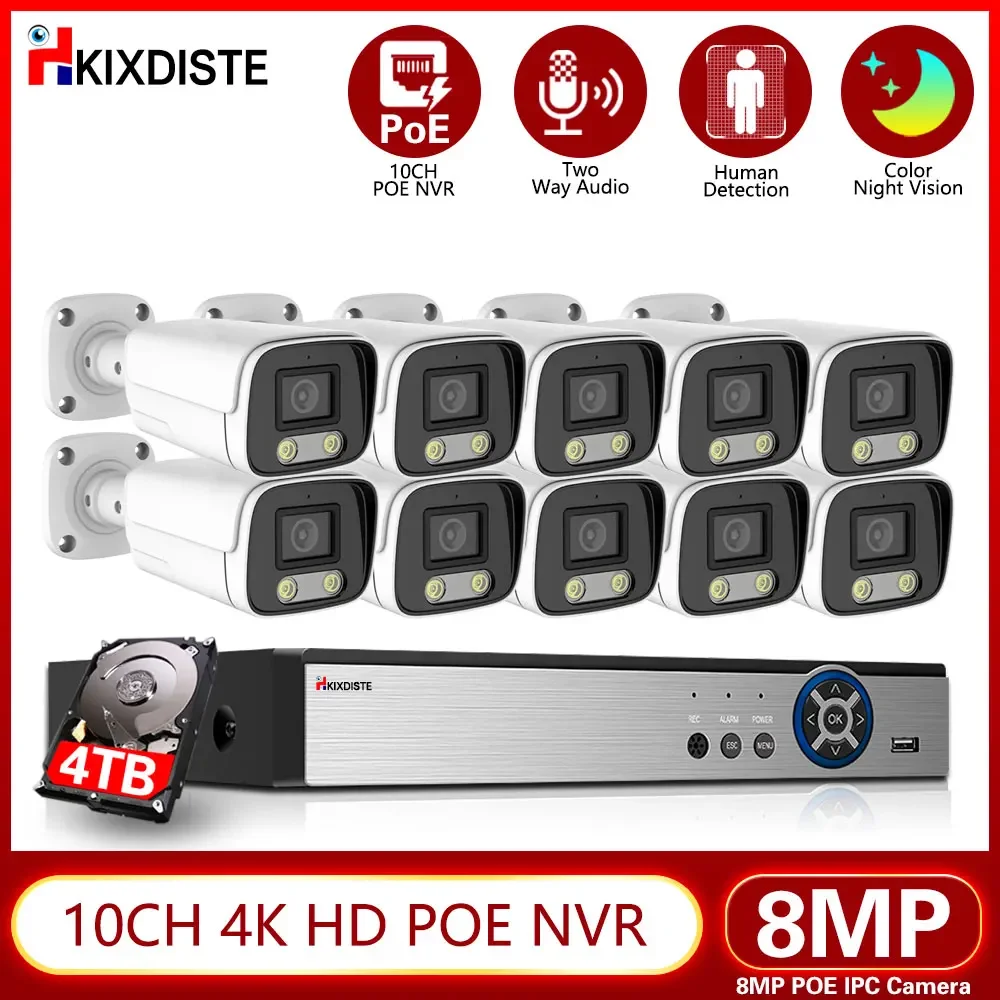 

10CH 4K 8MP POE Security Camera System 8CH P2P Video Surveillance Kit 2-Way Audio Recording Human Detection Color Night Vision