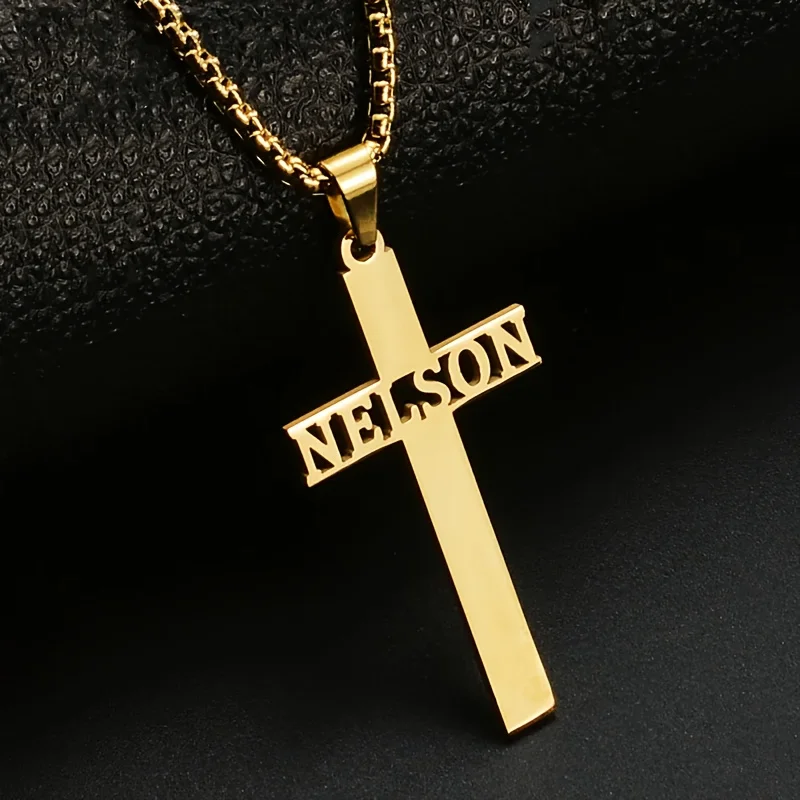 

Custom Engraved Cross Pendant Necklace - Bold Name, Stainless Steel Chain Jewelry