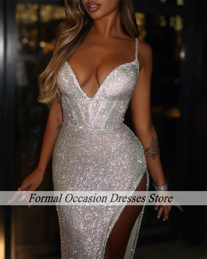 Vestidos de Noche brillantes con abertura alta para mujer, vestidos de fiesta de sirena de cristal con lentejuelas, traje de fiesta sin espalda, batas de velada personalizadas