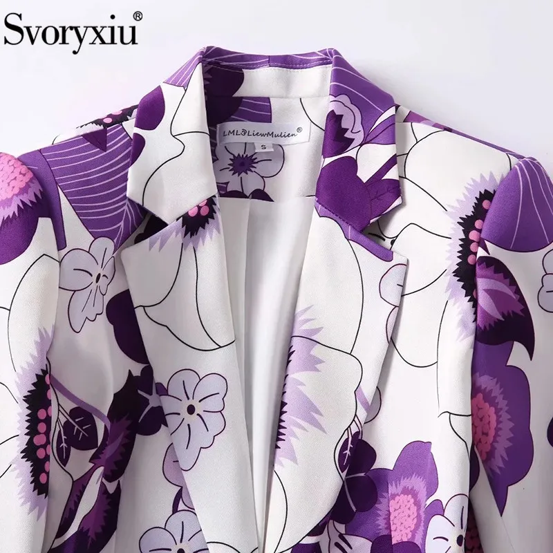 Svoryxiu Runway Designer Autumn Elegance Two Piece Set Women\'s Purple Flower Print Single Button Blazer + Pants Fashion Suit