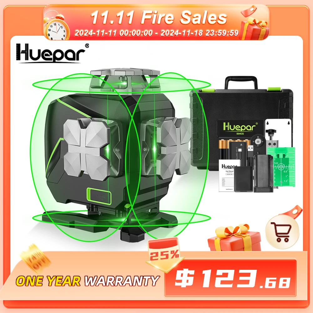 Huepar S04CG-A 16 lines 4D Cross Line Laser Level Bluetooth & Remote Control Functions Green Beam Lines With Hard Case No Bracke