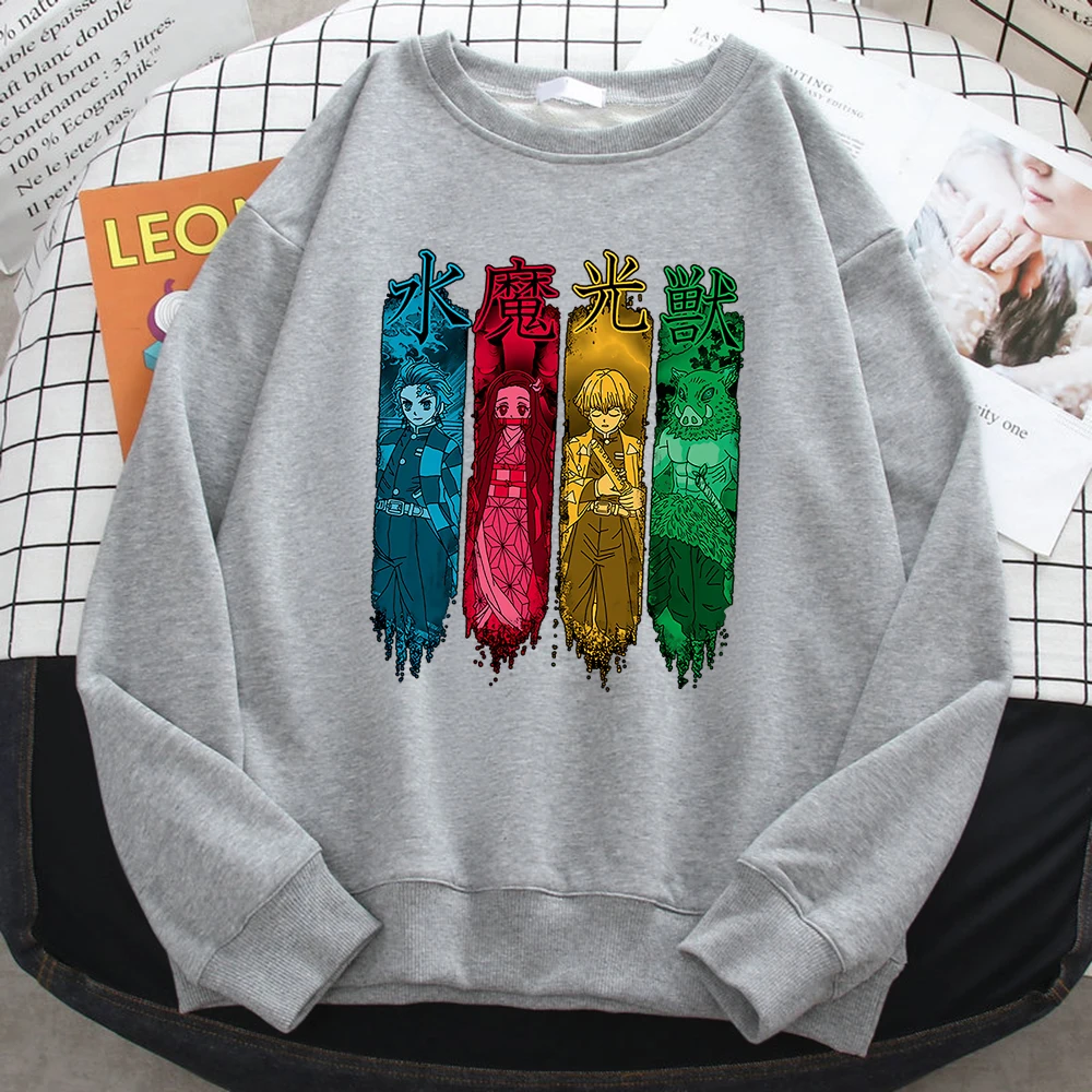 Simple Kawaii Sweatshirts For Women Japanese Anime Demon Slayer Print Hoodies Fleece Soft Pullovers Loose Crewneck Ladies Tops