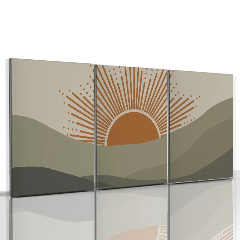 

Framed Boho Print Green Canvas Painting Orange Sun Green Mountain Landscape Nursery Art Poster Bedroom Gallery Decoration Poster