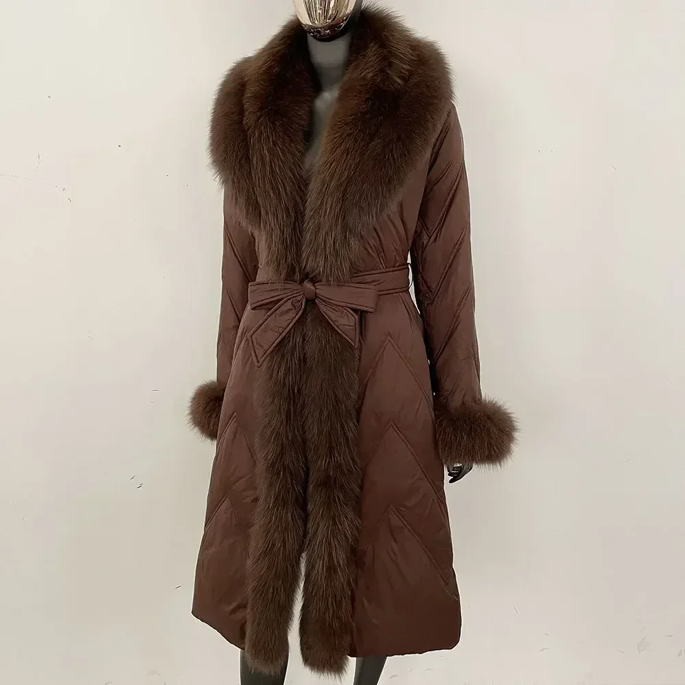 المرأة الأبيض أوزة أسفل سترة طويلة سترة منفوخة ريال فوكس الفراء رفض طوق الشتاء الواقع معطف الفرو سميكة معطف حزام دافئ