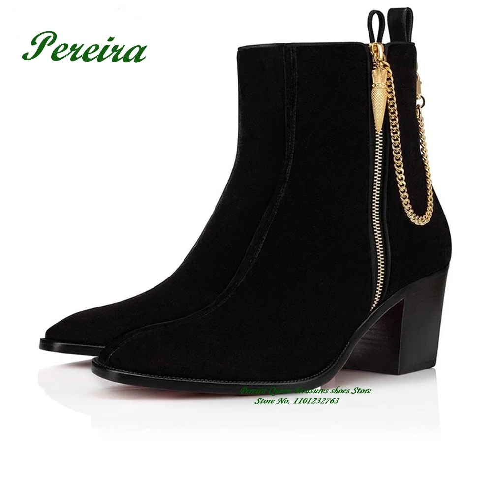 Ankle Strap Suede Gold Zipper Men Chelsea Boots Red Velvet Genuine Leather Round Toe Handmade Gold Chain Decoration Block Heels