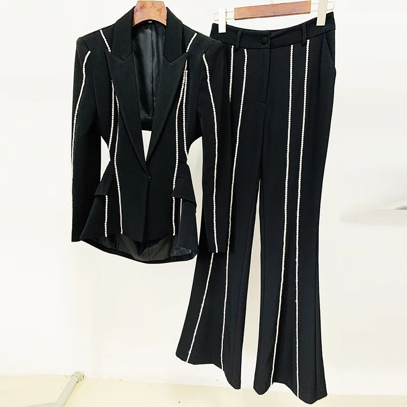 2025 Fashion New Style Socialite Temperament Hollow Nail Diamond Suit Jacket Long Pants Two-Piece Set