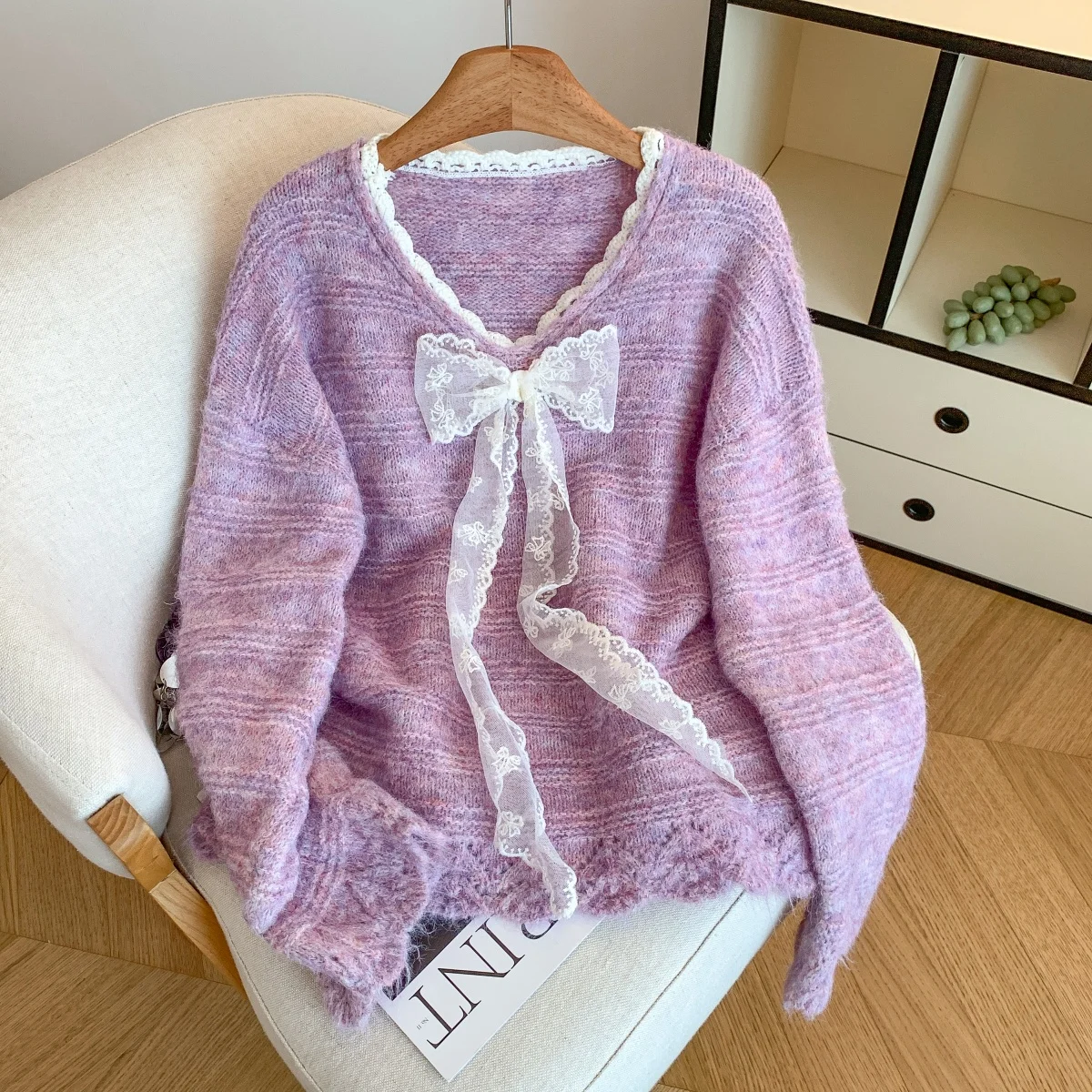 Damen V-Ausschnitt Langarm Casual Pullover mit Spitze Schleife Y2K Französisch Elegant High Street Ästhetische Mode Retro Herbst Winter Top