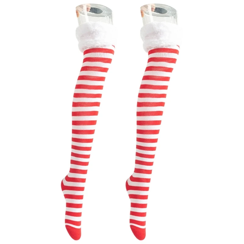 Classical Holiday Themed Cosplay Christmas Thigh High Long Socks for Women Elf Boot Striped Over the Knee Stockings