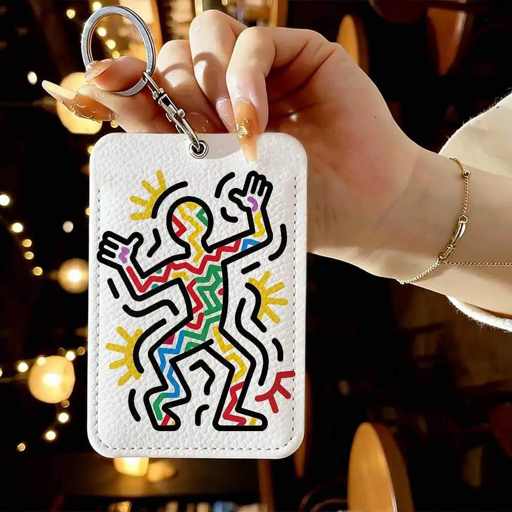 Pop Art K-Keith Haring Rectangle ID Card Case Keychain Access Card Bag Key Tag Ring Leather Card Holder Key Ring Access - view 5