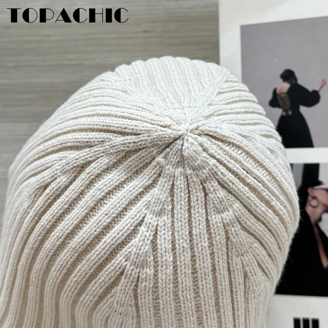 8.25 TOPACHIC-Women\'s Hand Beading Chain Decoration Caps Contrast Color Ribbed Wool Knit Wide Brim Dome Casual Bucket Hats