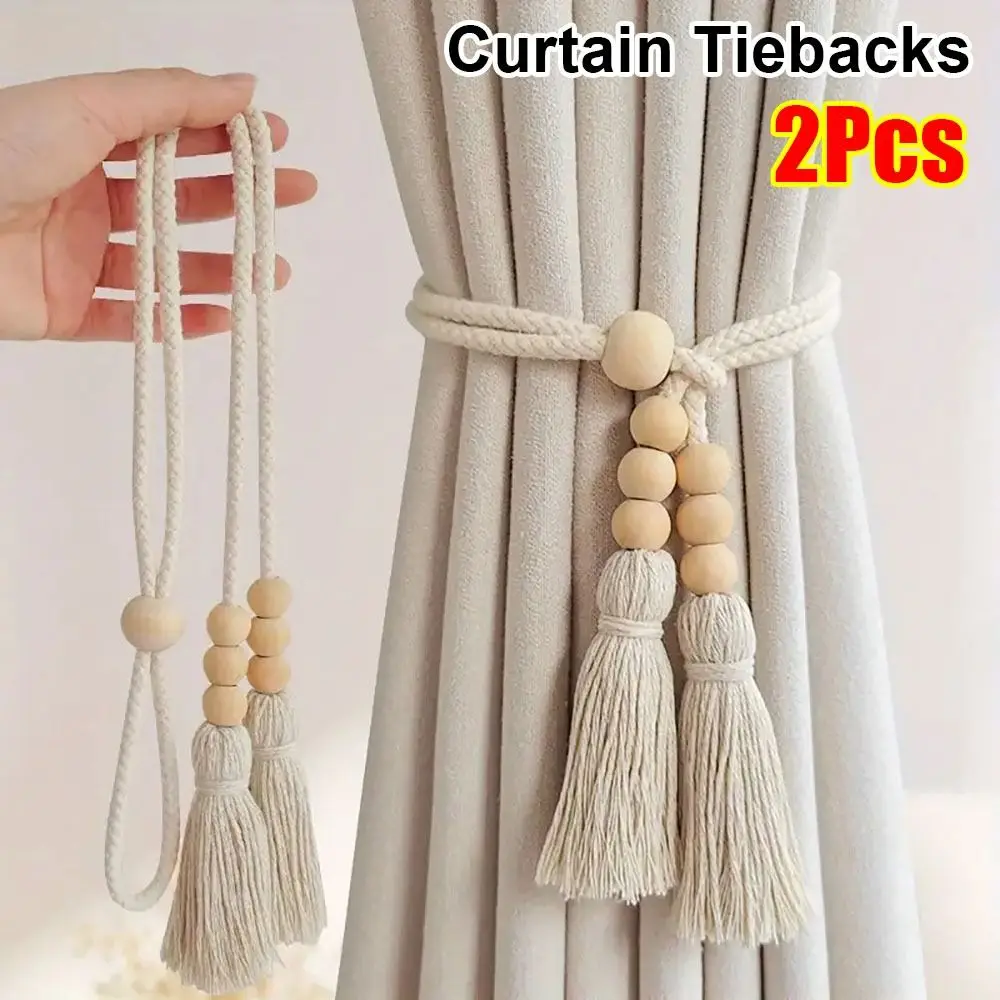2Pcs with Tassels Curtain Tiebacks Wooden Bead Fixed Curtain Tying Rope Simple Nordic Curtain Hooks Home Decor Accessories
