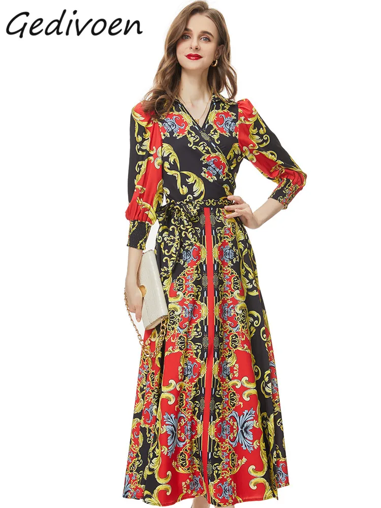 

Gedivoen Autumn Fashion Designer Pattern Printed Vintage Dress Women V Neck Three Quarter Sleeve Frenulum Slim A-LINE Long Dress