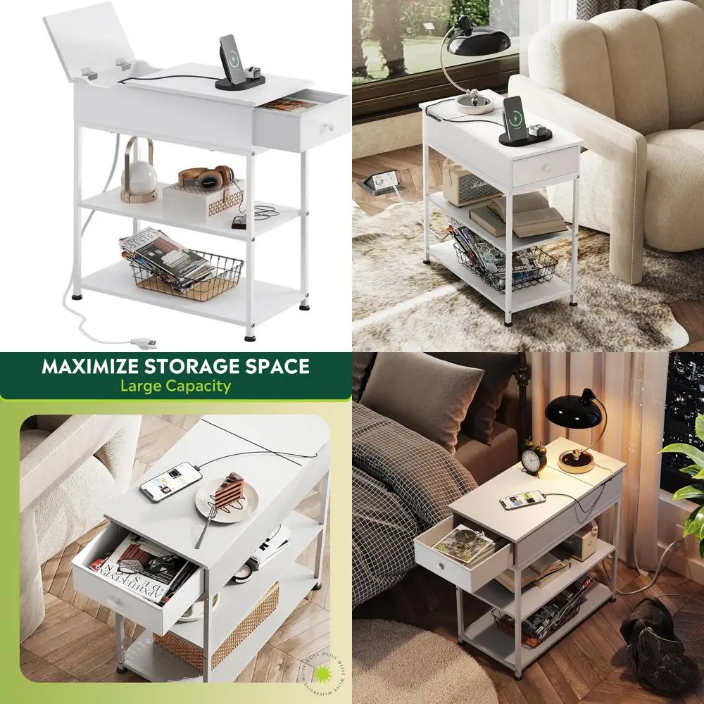 

White Charging Station Nightstand with Fabric Drawer, USB Ports and Power Outlets for Living Room and Bedroom