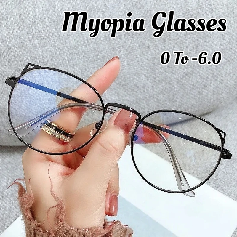 

Cat Ear Shaped Myopia Glasses Anti-Blue Light Eyewear Oversized Round Metal Near Sight Glasses Diopter -0.5 -1.0 -1.5 -2.0 -6.0