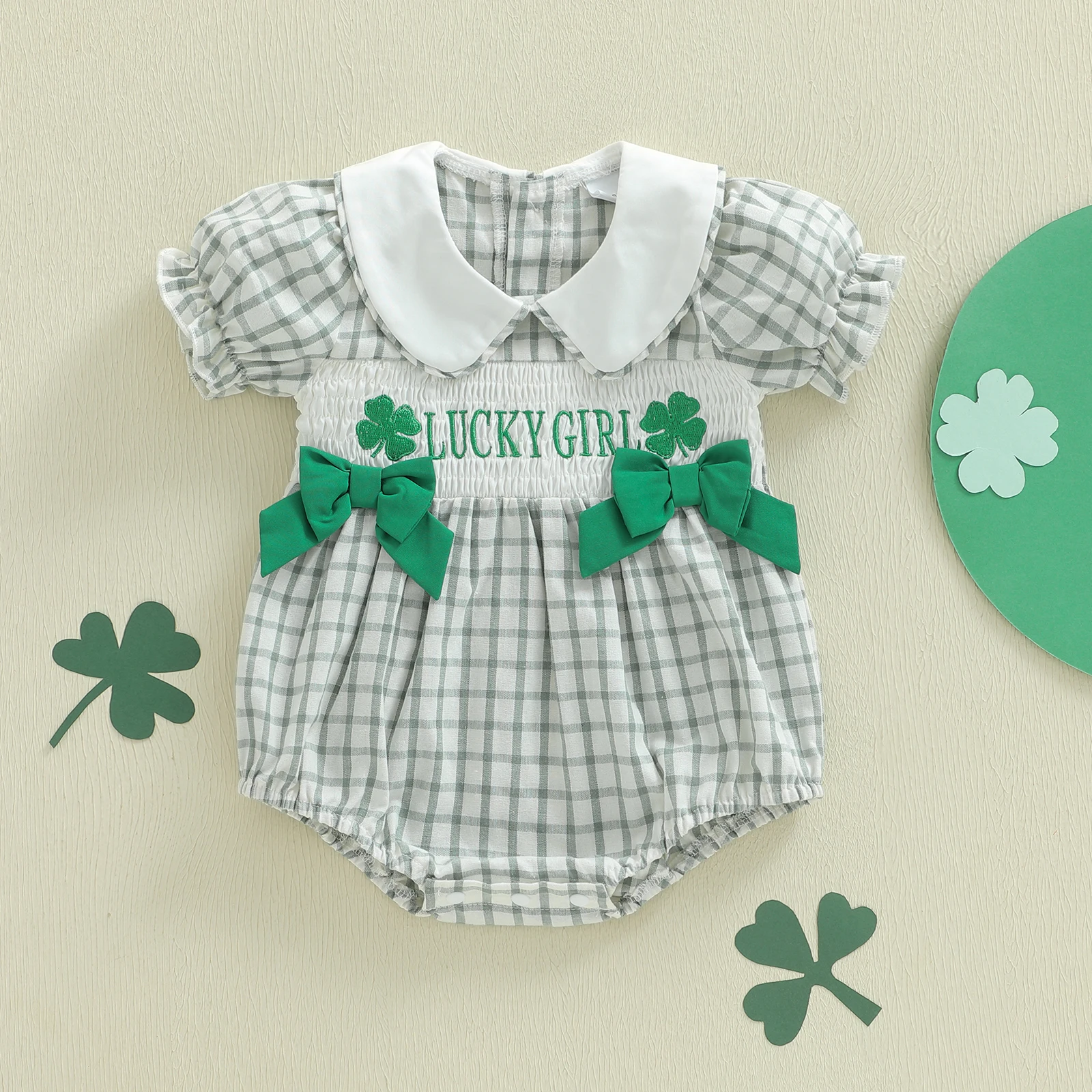 

St Patrick s Day Toddler Green Shamrock Print Ruffle Sleeve Romper with Bowknots and Peter Pan Collar