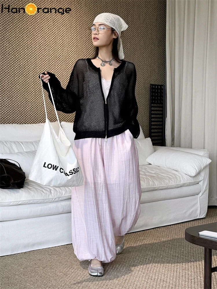 HanOrange 2026 Summer Lazy Atmosphere O-Neck Zipper Hollow Knitted Cardigan Women Loose Cover Jacket Black/Yellow/Khaki