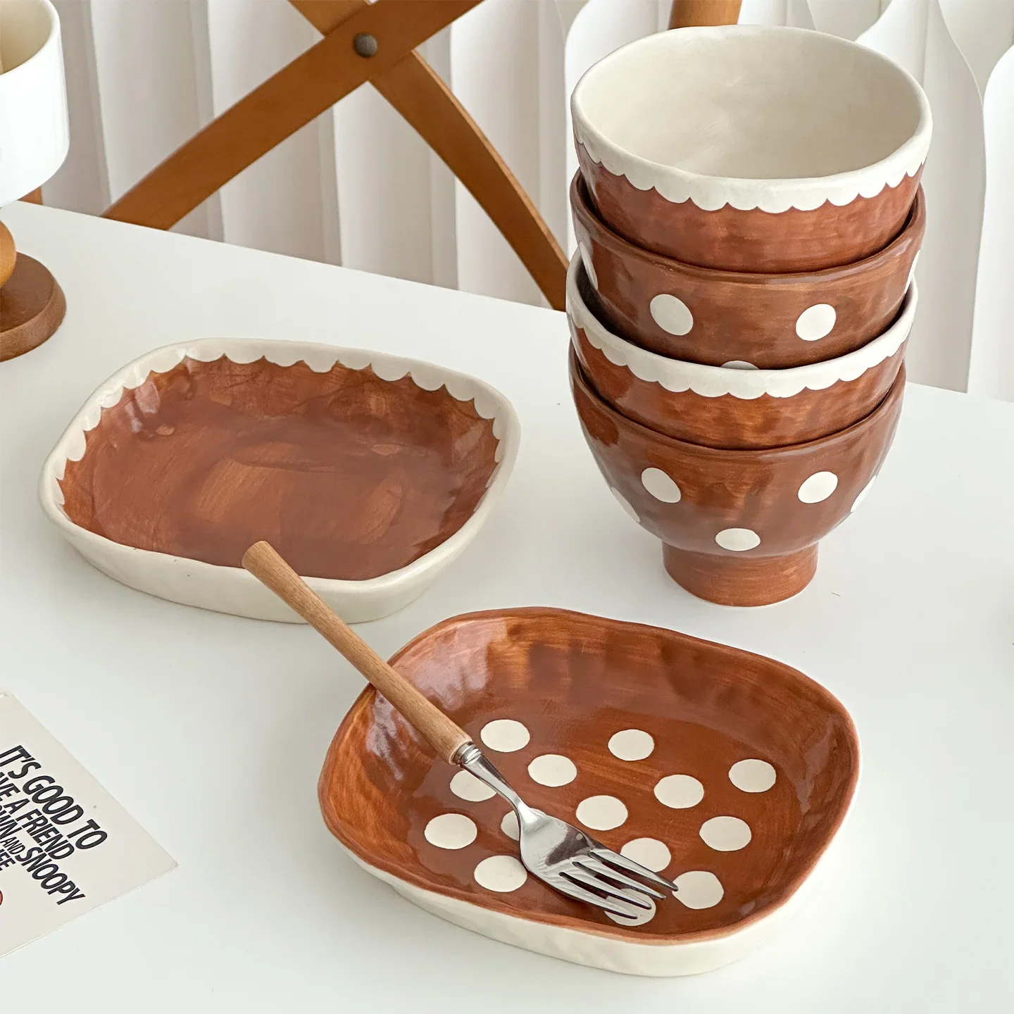 Classic Vintage Hand-Painted Polka Dot Ceramic Dessert Plates Ins-Inspired Contrast Underglaze Color Square Household Tableware