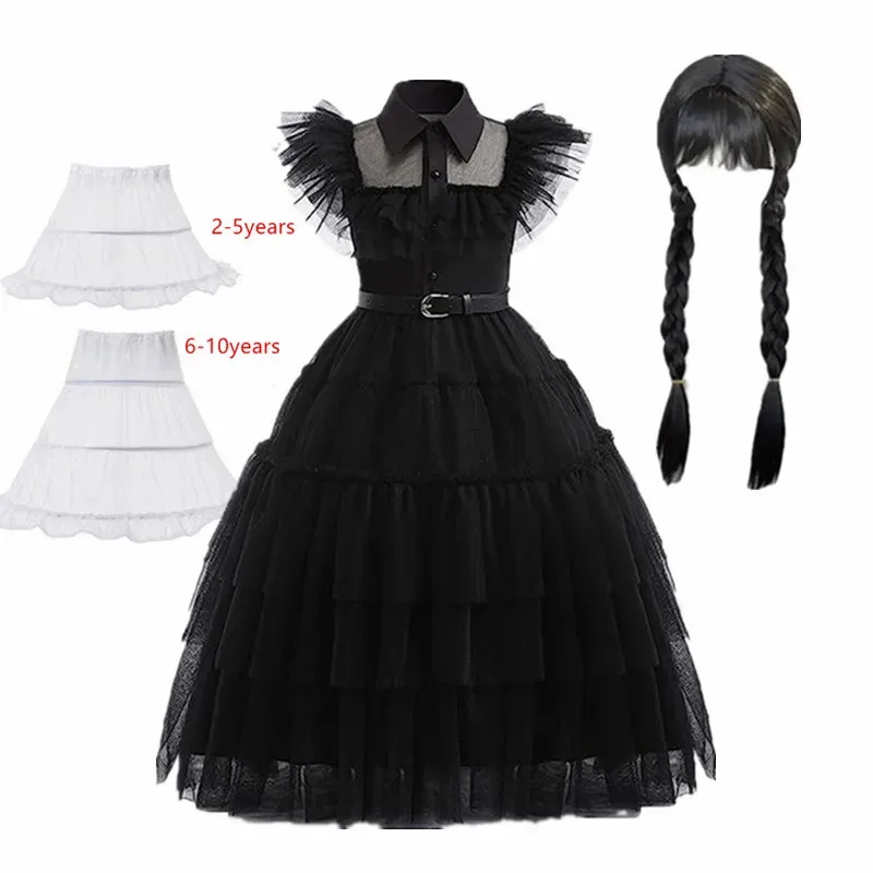 2025 12 Kids Costume Wig Girls Addams Wednesday Cosplay Dress Outfits Children Black Fluffy Frocks Halloween C