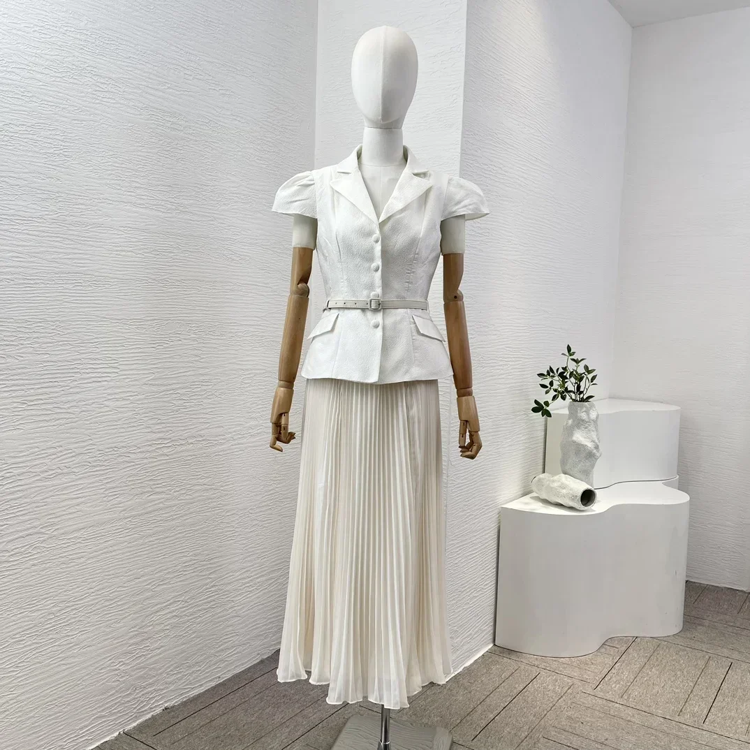 

Women 's White Ruched Midi Dress Short Sleeve Belt Top Quality Elegant Dresses for Office Ladies 2024 New Summer Clothing