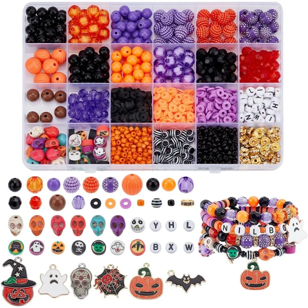 

1370 + бусины на Хэллоуин для изготовления браслетов, 24 стиля, комплект браслетов дружбы, акриловые бусины, глиняные бусины Heishi, бусины с буквами