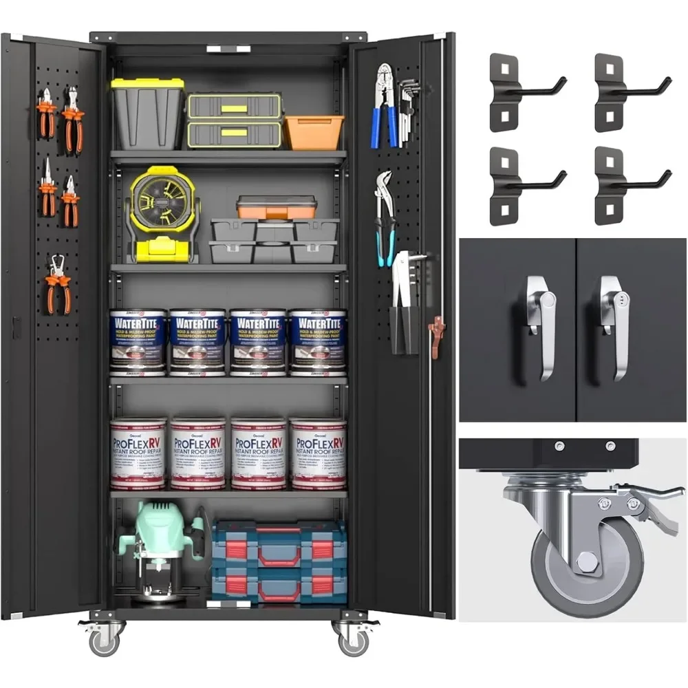 

72" Locking Garage Cabinet - Metal Storage w/Wheels, Doors, 4 Adjustable Shelves & Pegboard"